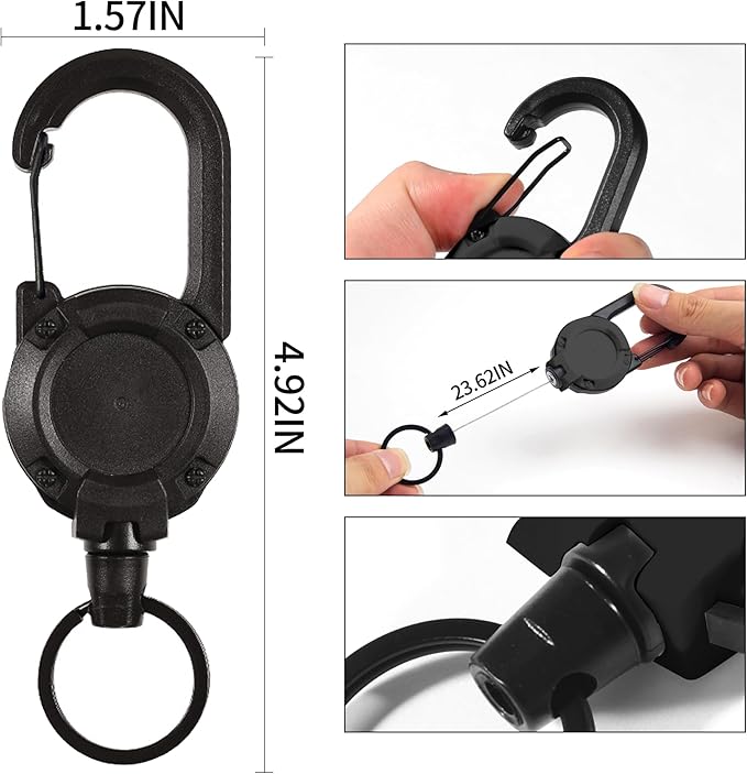 Heavy Duty Retractable Keychain,Multitool Carabiner Badge Holder,Tactical ID Badge Reel with 23.6” Steel Retractable Cord for Men and Women(Black and White Combo)
