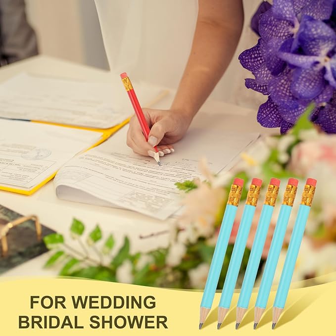 MECCANIXITY Golf Pencils with Erasers, 4" HB Mini Half Pencils Pre Sharpened Small Pens for Wedding Bridal Shower Game Office Writing Drawing(Blue, Pack of 50)