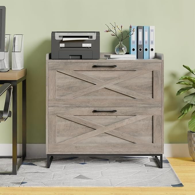 Lateral File Cabinet 2 Drawer File Cabinet with Charging Station for Legal/Letter/A4 Size Hanging Files, Modern Farmhouse Large Wood File Storage Cabinet for Home Office Furniture(Washed Gray)