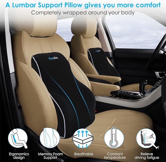 Lumbar Support Pillow for Office Chair Car Back Support Pillow, Memory Foam Gaming Chair Desk Chair Back Cushion for Lower Back Pain Relief, Ergonomic Back Rest with Double Adjustable Straps
