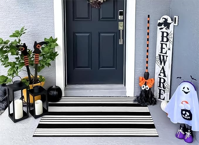 OJIA Christmas Front Door Mats Outdoor 27.5x43 Inches, Black and White Outdoor Rugs Cotton Woven Front Door Rug Machine Washable Layered Doormats for Porch/Farmhouse/Kitchen/Entryway/Patio