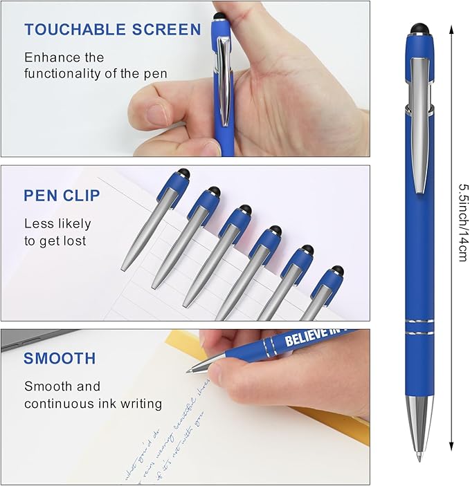 12 Pcs Blue Ink Fine Point Motivational Pens with Stylus Tips, Ballpoint Pens, Office Desk Accessories