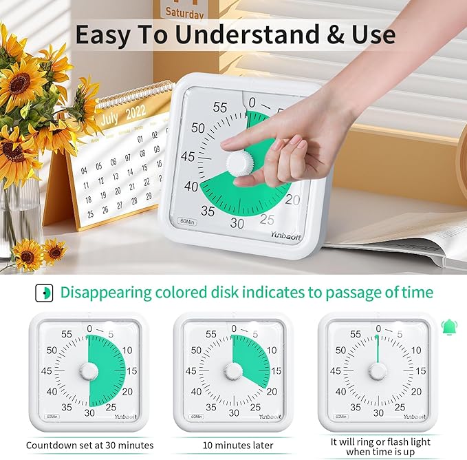 Yunbaoit 16cm Classroom Visual Timer with Optional Alert Modes, 60 Minute Oversize Visual Countdown Timer for Kids and Adults, Silent Magnetic Kitchen Timer with Kickstand(White Green)