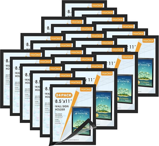 MaxGear Wall Mount Sign Holder 8.5 x 11, Self Adhesive Magnetic Display Picture Frames with Strong Magentic Border and Clear PVC, Document Poster Paper Wall Sign Holder for Home Office Store, 24 Pack