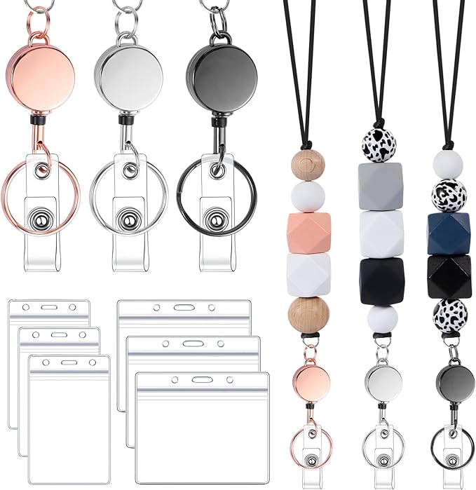 9 in 3 Set Retractable Lanyard for ID Badges with ID Holder Wooden Beaded Lanyards for Women Teacher Appreciation Gifts Office Gift for Coworkers