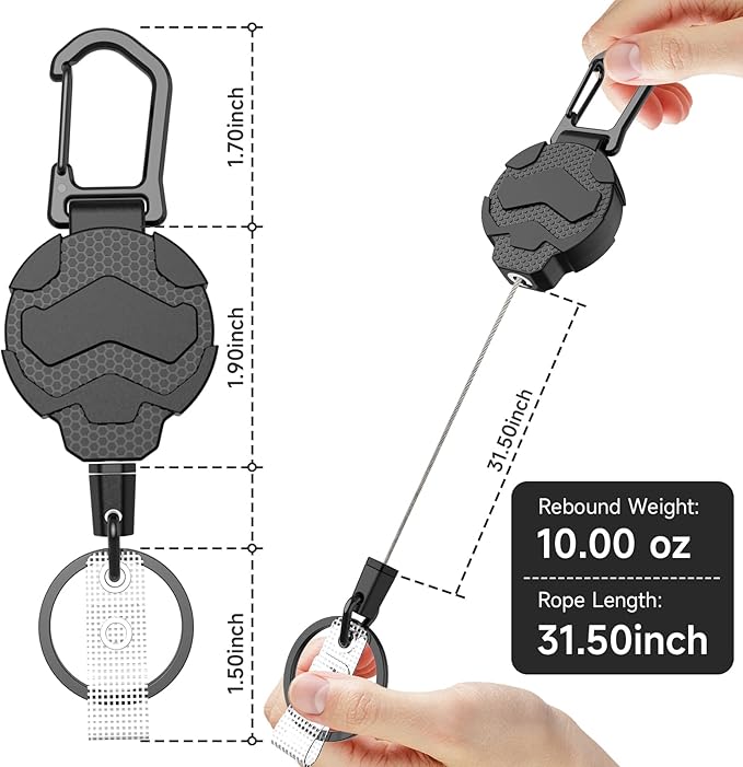 Retractable Keychain Badge Holder with Belt Clip, Heavy Duty Carabiner ID Badge Clip Reel, 32” Steel Retractable Cord, 10 oz Rebound,1pcs Black Keychain