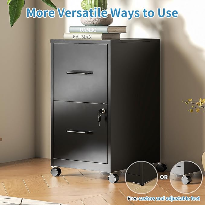 2 Drawer File Cabinet with Lock,Small Rolling Metal Office Storage Mobile Filing Cabinet with Wheels Under Desk,Vertical Locking File Cabinets for Home Office,Required Assembly,White