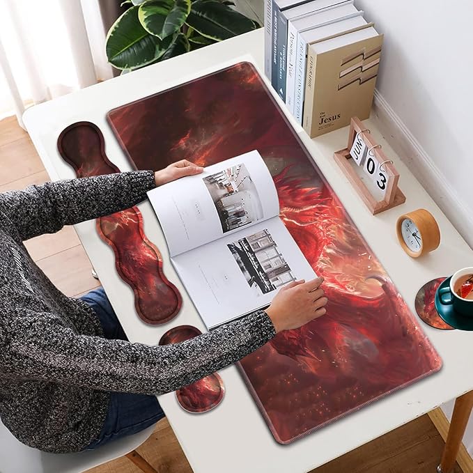Large XXL Gaming Desk Mat 31.5"x 11.8", Ergonomic Keyboard Wrist Rest & Mouse Pad Wrist Rest + Coaster Set, Non-Slip Base, Memory Foam, Office and Home, Red Dragon