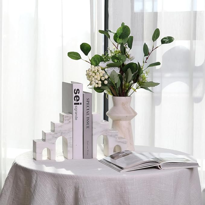 Natural Marble Book Ends for Shelves, Decorative Bookends for Heavy Books, CastleGuard Bookend Book Holder Stopper for Home Office Desk Bookshelf Decoration, Set of 2 (Oriental Calacatta)