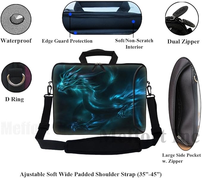 Meffort Inc 17 Inch Neoprene Laptop Bag with Extra Side Pocket, Soft Carrying Handle & Removable Shoulder Strap Fit 16" to 17.3" Size - Blue Dragon