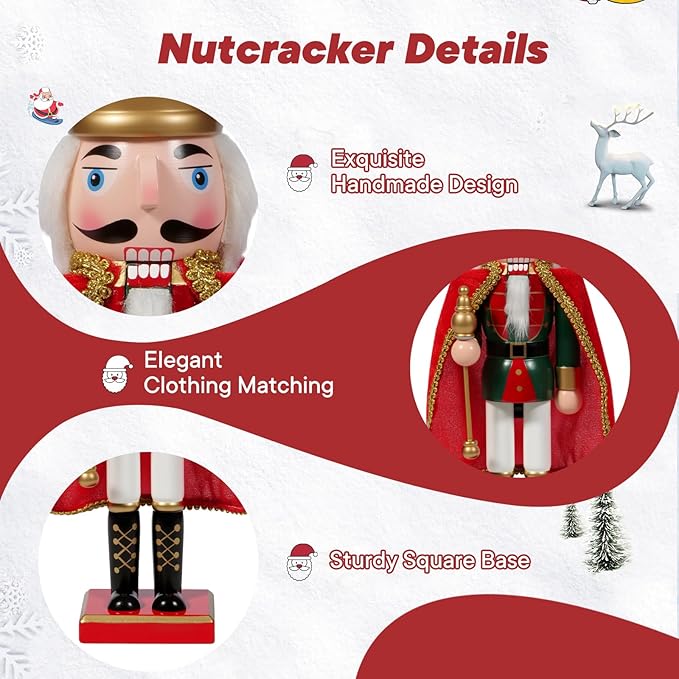 Nutcracker Christmas Decor, 14" Wooden Nutcracker Soldier Christmas Decoration Home Mantle Table Fireplace Christmas Ornaments for Festival Party (14" Red Fur Coat Staff Nutcracker)