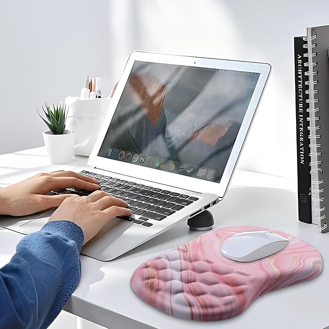 Mouse Pad Wrist Support, Ergonomic Mouse Pad with Wrist Rest, Comfortable Computer Mouse Pad for Laptop, Pain Relief Mousepad with Non-Slip PU Base Pink