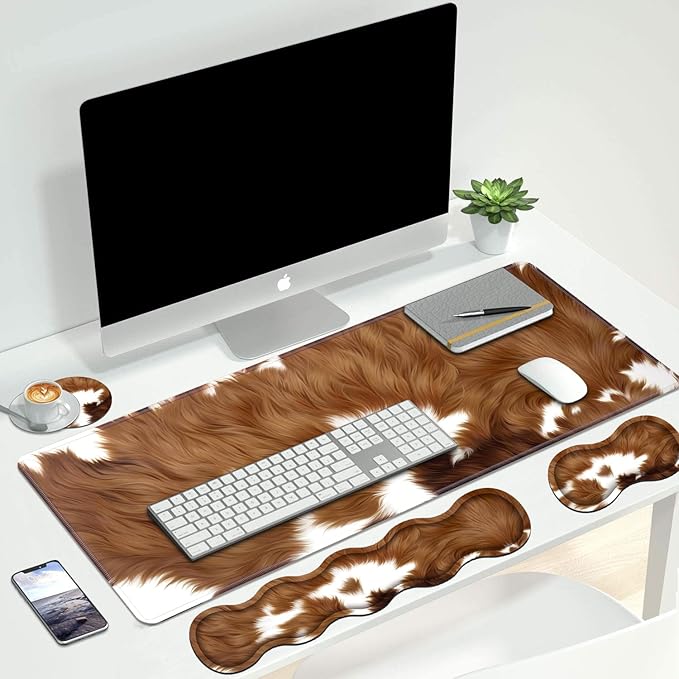 4 in 1 Ergonomic Keyboard Wrist Rest & Mouse Pad Wrist Rest Set, Large XXL Gaming Desk Mat 31.5"x 11.8" with Non-Slip Base, Memory Foam for Home Office Study Gaming, Brown Cow Print