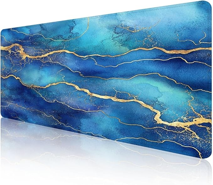 Mrcrypos Large Mouse Pad Blue Gold Marble Desk Mat for Desktop,Waterproof Desk Pad with Stitched Edges,Computer Keyboard Gaming Mouse Pads for Women Office Home 31.5" x 11.8"