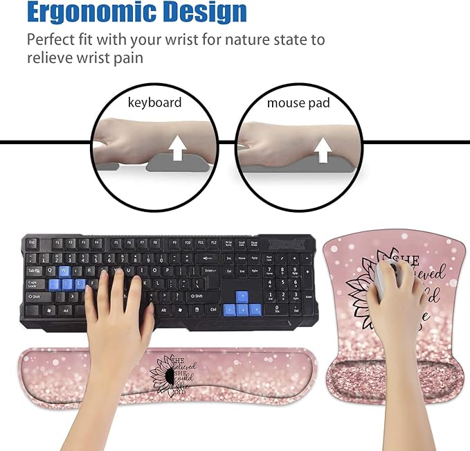 Mouse Pad Wrist Support and Keyboard Wrist Rest Set with Coasters, She Believed She Could So She Did Inspirational Quote Wrist Mouse Pad with Non-Slip PU Base for Home Office Working Studying