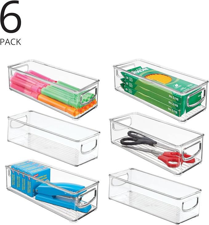 mDesign Small Plastic Office Storage Container Bins with Handles for Organization in Filing Cabinet, Closet Shelf, or Desk Drawers, Organizer for Notes, Pens, Pencils, Ligne Collection, 6 Pack - Clear