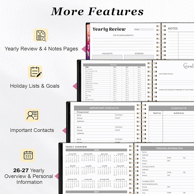 Oucaru 2026 Planner, Weekly and Monthly Planning Calendar, Jan 2026 - Dec 2026, 6.3" x 8.5", Spiral Bound, 12 Habit Trackers & Monthly Tabs, 2 Storage Pockets, Perfect for Office Home School Supplies