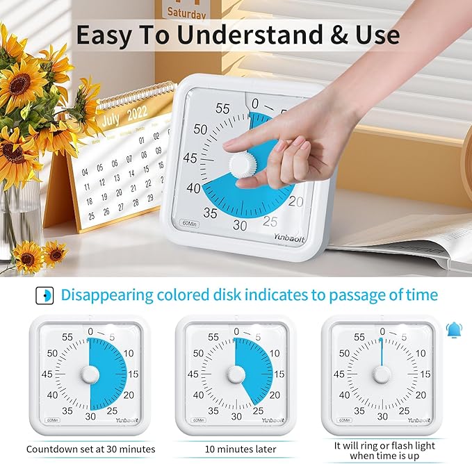 Yunbaoit 16cm Classroom Visual Timer with Optional Alert Modes, 60 Minute Oversize Visual Countdown Timer for Kids and Adults, Silent Magnetic Kitchen Timer with Kickstand(White Blue)
