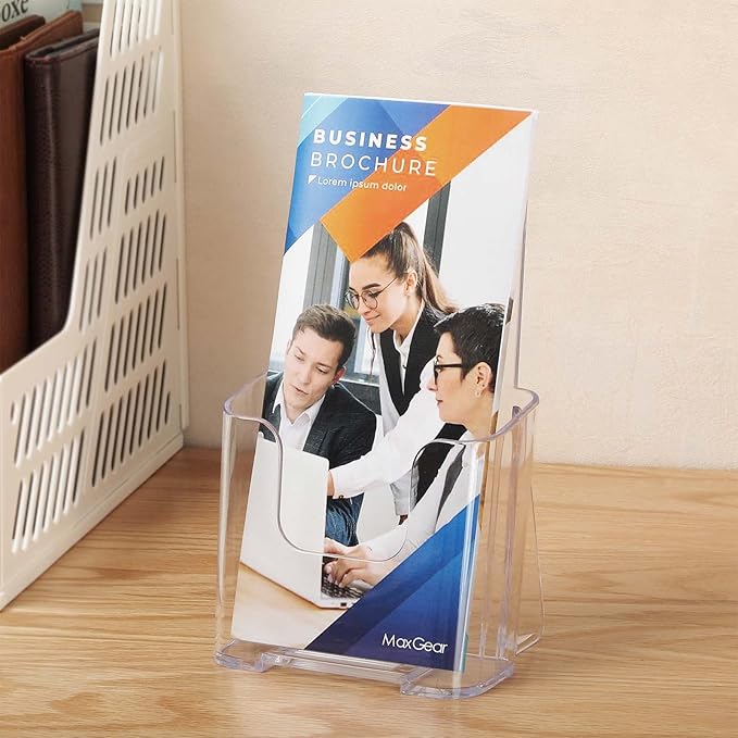 MaxGear Acrylic Brochure Holder, Premium Brochure Holder Stand 4 inches Wide Plastic Pamphlet Holder Wall Mount Clear Countertop Organizer Literature Holders Flyer Holder Plastic Display Stand(4Pack)
