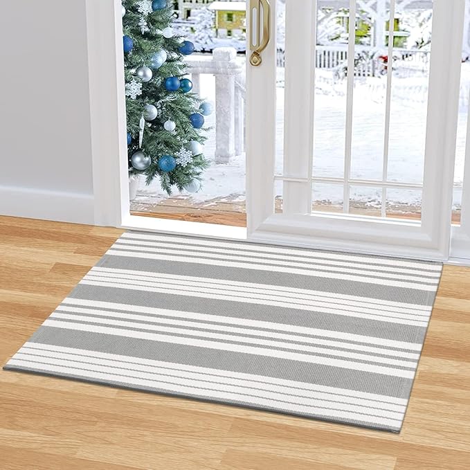 OJIA Christmas Front Door Mat Outdoor 24"x35" Front Door Rug Gray and White Striped Outdoor Rugs Washable Entry Rug Indoor Door Mats Cotton Woven Small Area Rugs for Entrance/Porch/Kitchen/Entryway