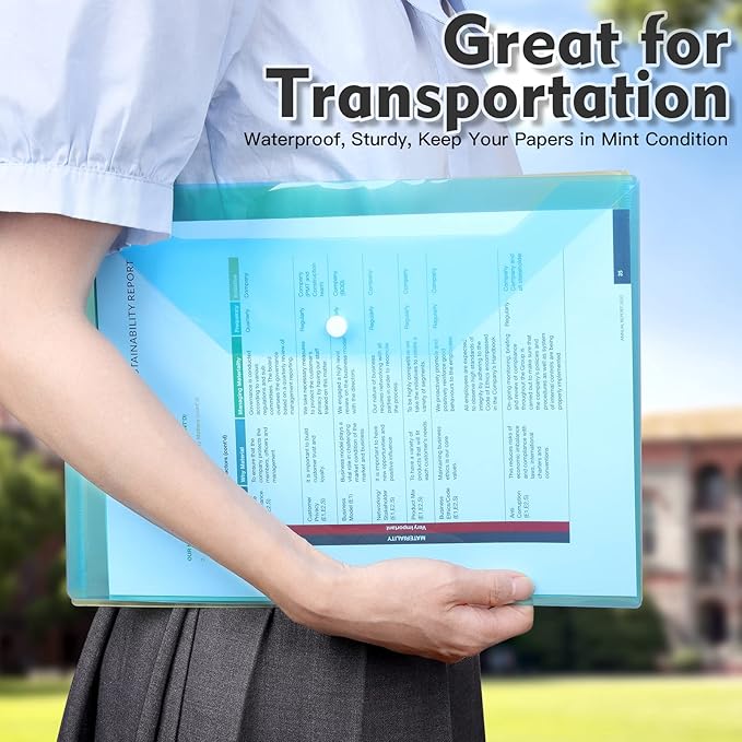 LEOBRO Plastic File Folders, 24 PCS Plastic Folders for Documents, File Folders, A4 Plastic Envelopes with Snap Closure, Letter Size Clear Envelopes Folders, Reusable File Bags, Document Holder