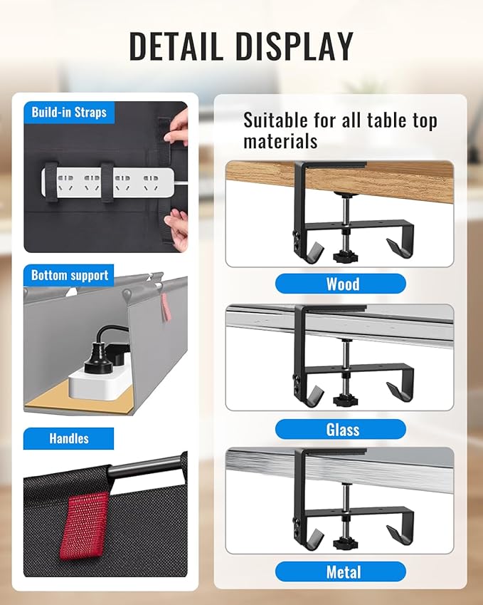 No Drill Cable Management Under Desk, 36" Cord Organizer for Table, Clamp/Screw Mount Cable Tray, Premium Black Fabric Desk Cord Management Tray for Office, Home (Large (36 Inch))