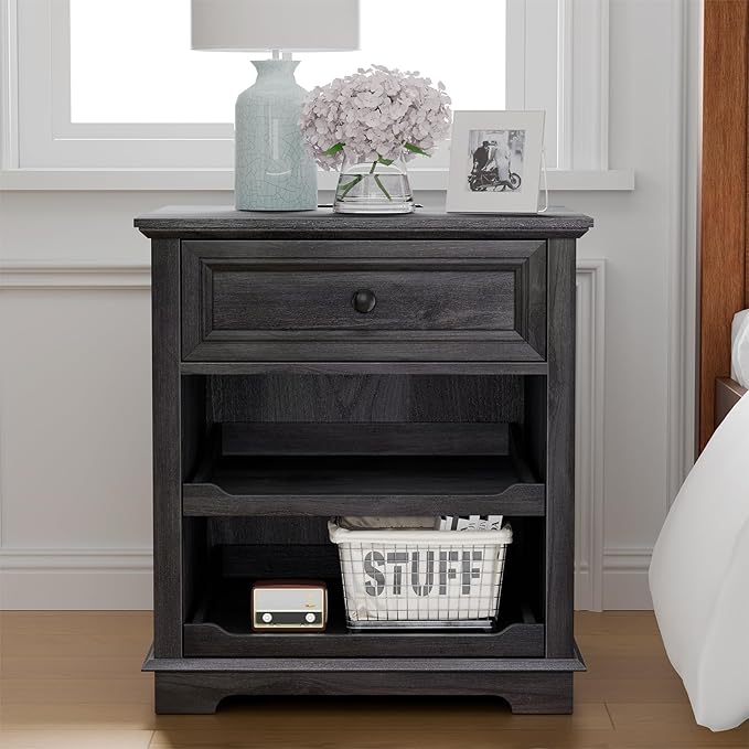 Lateral File Cabinet 3 Drawer File Cabinet with Charging Station, Printer Stand with Open Adjustable Storage Shelves, Lateral Filing Cabinet for Home Office, Black