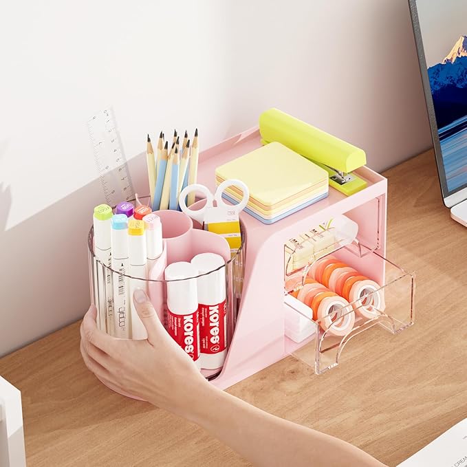 Marbrasse Desk Organizer with 2 Drawer, 360°Rotating Pen Holder for Desk, Desk Organizers and Accessories with 6 Slots Pencil Organizer + 2 Drawer, Art Supply Storage Box Caddy for Office (Pink)
