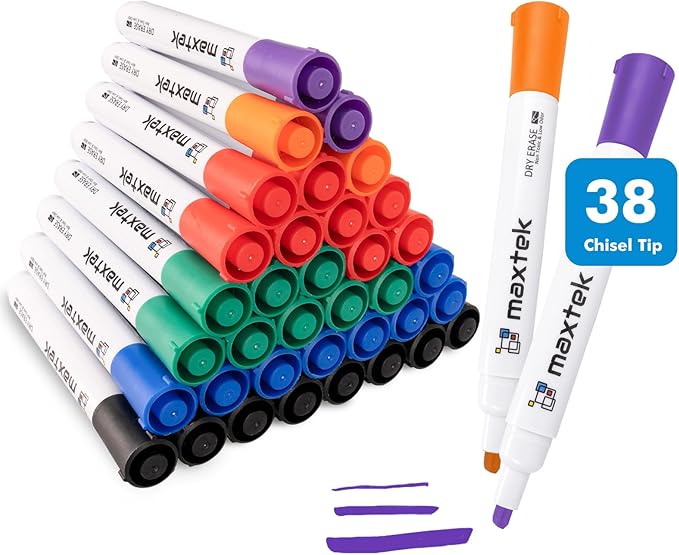 maxtek Dry Erase Markers, 38 Count Chisel Tip Whiteboard Markers, 6 Assorted Colors, Low Odor Dry Erase Pens for School Office