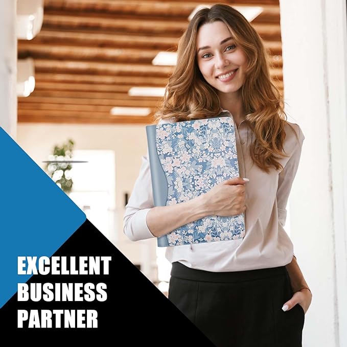 Padfolio Portfolio Folder Binder-Organizer Planner Notebook Zippered Portfolio Padfolio for Women & Men with Document Sleeve,Letter/A4 Size Clipboard,Business Card Holders (Blue Flower)