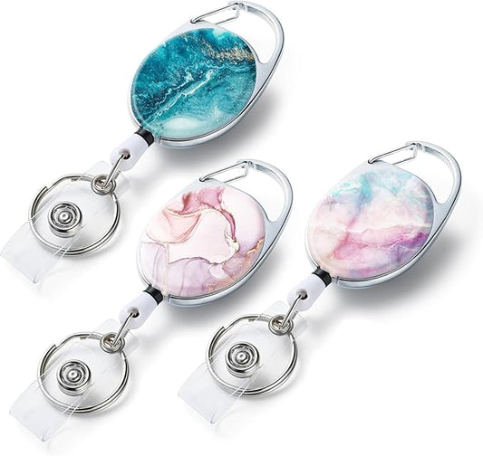 3 Pack Badge Reels Retractable,Double Sided Color Print Pattern Retractable Badge Holders,with Retractable Keychain, Badge Clip and Key Ring,Durable Nylon Retractable Rope