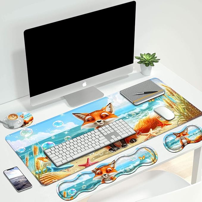 4 in 1 Ergonomic Keyboard Wrist Rest & Mouse Pad Wrist Rest Set, Large XXL Gaming Desk Mat 31.5"x 11.8" with Non-Slip Base, Memory Foam for Home Office Study Gaming, Fox