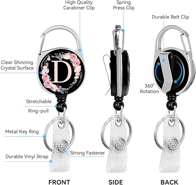 A-Z Badge Holder with Retractable Reel and Breakaway Lanyard Badge Clips Retractable Heavy Duty Badge Reel,Keychain,ID Holder with Breakaway Lanyard for School Nurse Office Teen D