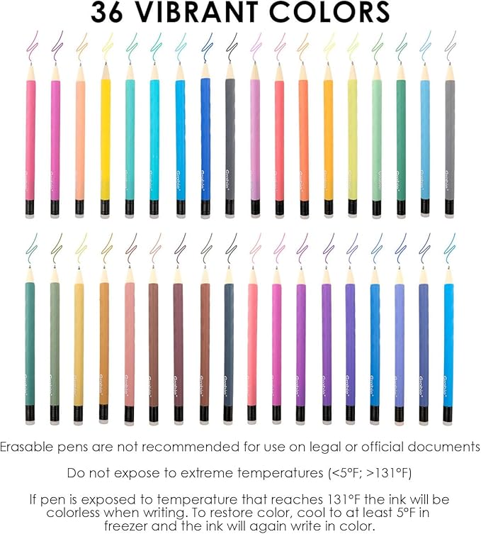 Grabie 36 Colors Erasable Gel Pens, Make Mistakes Disappear Colored Pens, Assorted Color Inks for Drawing Writing Planner, Set of 36