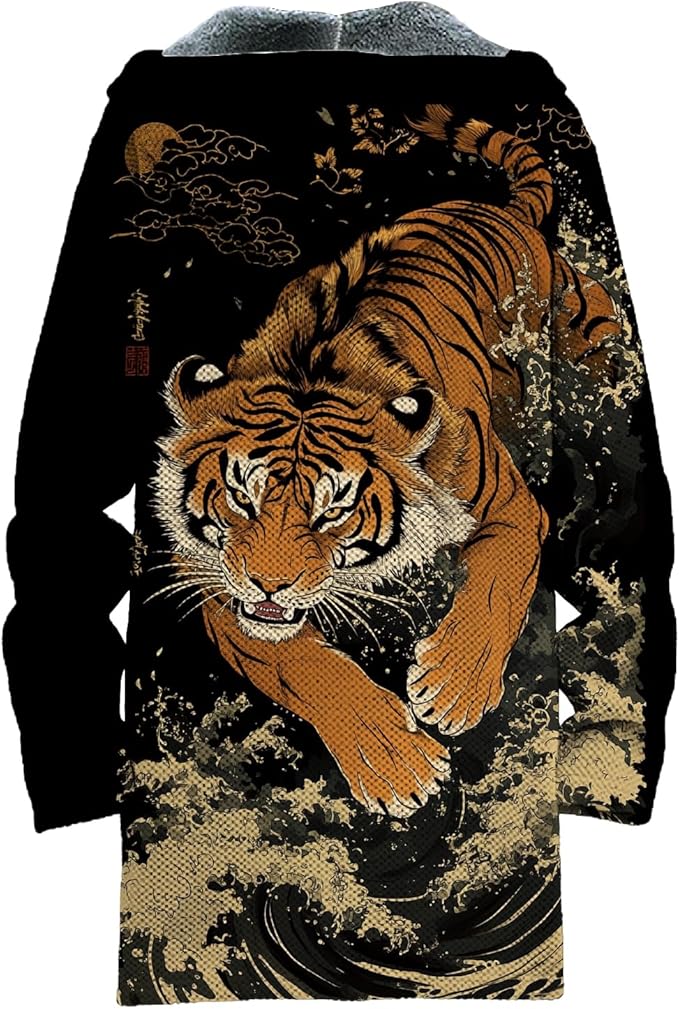 MARSVOVO Mens Cardigan Sweater Cool Graphic Lined Fleece Long Coat Zip With Pockets Fashion Coat Warm Fitted Jacket