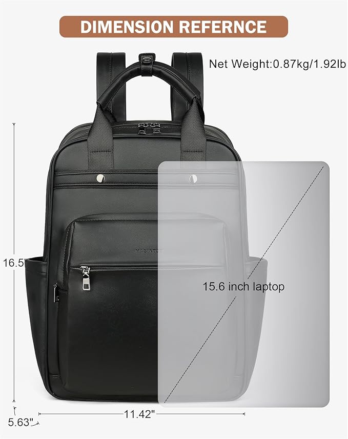 MASINTOR Leather Laptop Backpack for Women, Stylish Computer Backpack College Business Work Shoulder Bags Work and Travel Black