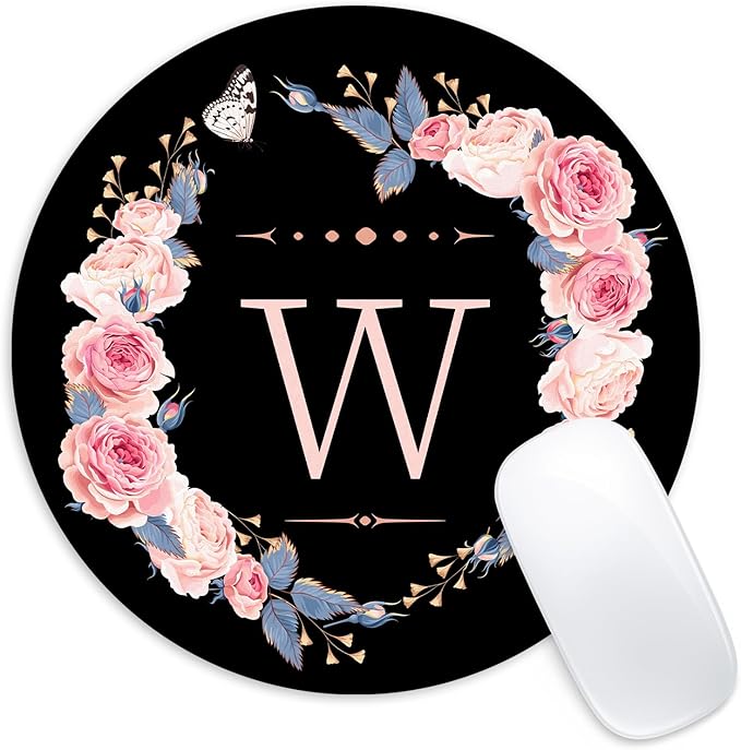 Letter W Black and Pink Flowers Round Mouse Pad, Funny Small Mouse Mat with Non-Slip Rubber Base, Home Office Decor Desk Accessory, 8.7inch Round