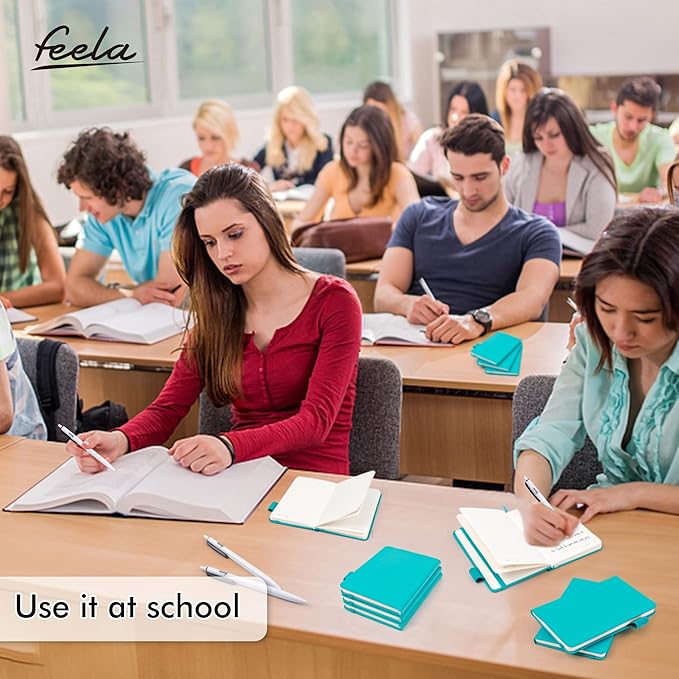 feela 6 Pack Pocket Mini Notebooks Bulk, Small Cute Memo Notepads Hardcover College Ruled Lined Journals with Pen Holder for School Business Work, with 6 Black Pens, 3.5”x 5.5”, A6, Emerald