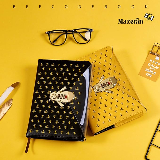 Mazeran Bee Shaped Combination Lock Journal, PU Leather Hard Cover Notebook Cute Diary, A5 Lined Password Locking Personal Planner Secret Organizer Gift for Girls Women Daughter