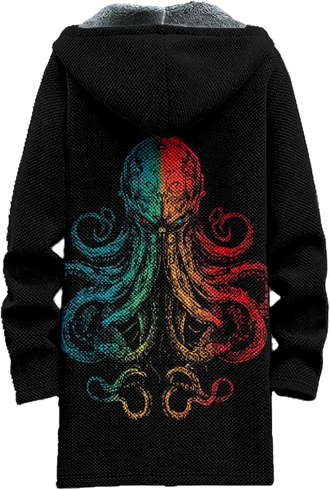 MARSVOVO Mens Cardigan Sweater Cool Graphic Lined Fleece Long Coat Zip With Pockets Fashion Coat Warm Fitted Jacket