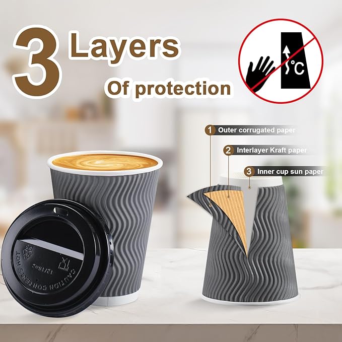 500 Pack Coffee Cups with Lids 12oz, Disposable Insulated Ripple Wall To Go Paper Coffee Cups for Hot/Cold Drinks Office Home Shop Event (Grey)