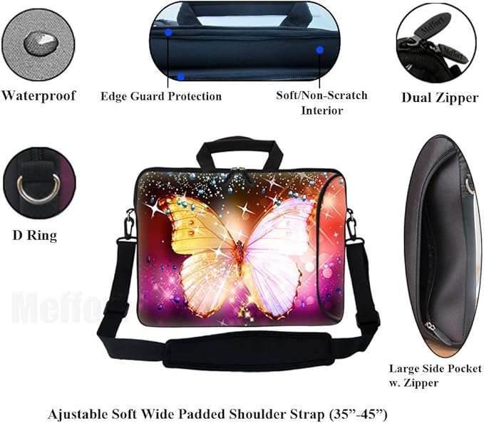 Meffort Inc 17 Inch Neoprene Laptop Bag with Extra Side Pocket, Soft Carrying Handle & Removable Shoulder Strap Fit 16" to 17.3" Size - Big Butterfly