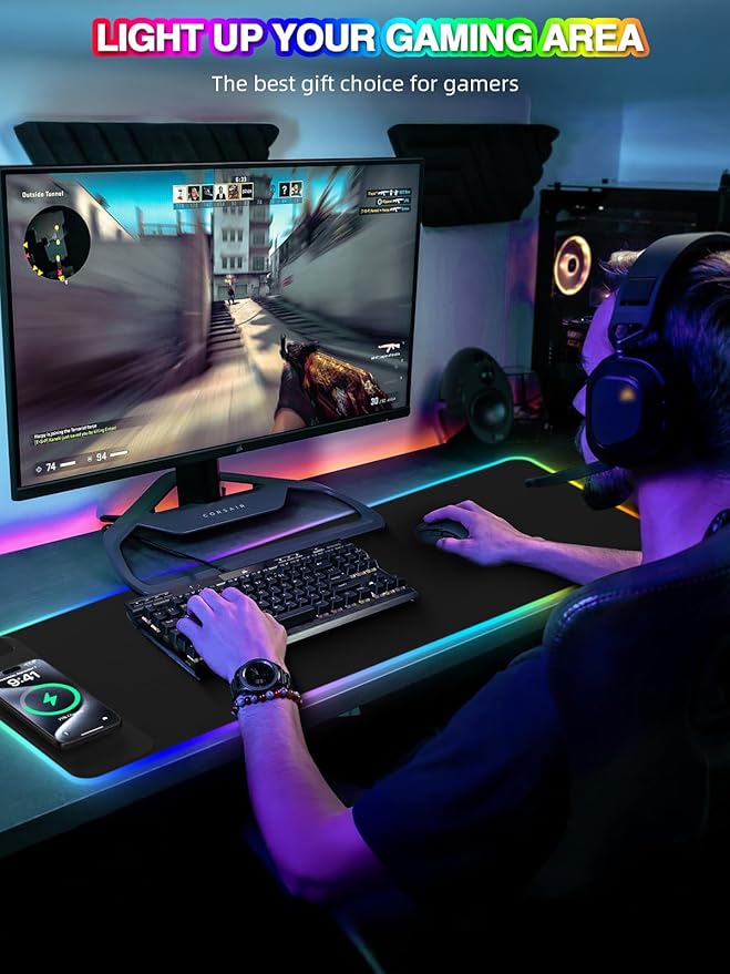 Magnetic Charging Mouse Pad, 31.5x11.81 Inch XL Gaming Mousepad, 11+5 RGB Lighting Modes, Home Office Large Desk Pad with Ultra-Smooth Surface, Non-Slip, Waterproof Keyboard Pad Classic Black Desk Mat