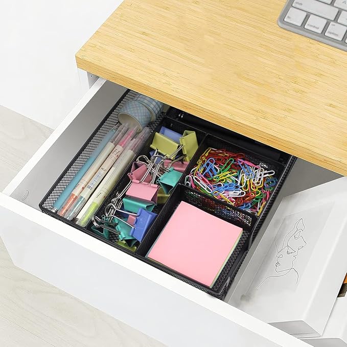 2 Pack Desk Drawer Organizer, Metal Mesh Drawer Office Tray, 6 Compartments Pen Organizer Storage Box, Desktop Basket Accessories for Home Office School Kitchen Vanity Supplies, Black