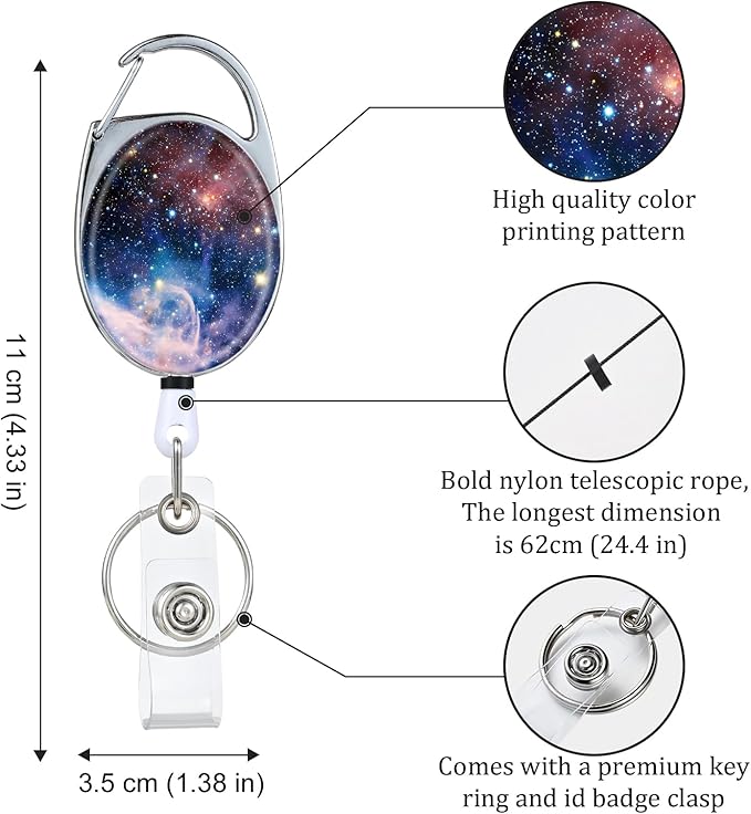 Badge Reels Retractable,Double Sided Color Print Pattern Retractable Badge Holders,with Retractable Keychain, Badge Clip and Key Ring,Durable Nylon Retractable Rope,Starry Sky