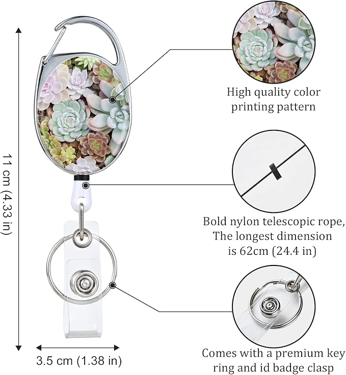 Badge Reels Retractable,Double Sided Color Print Pattern Retractable Badge Holders,with Retractable Keychain, Badge Clip and Key Ring,Durable Nylon Retractable Rope,Succulents