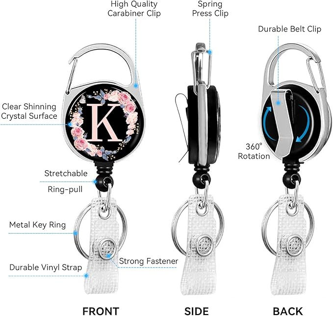 A-Z Badge Holder with Retractable Reel and Breakaway Lanyard Badge Clips Retractable Heavy Duty Badge Reel,Keychain,ID Holder with Breakaway Lanyard for School Nurse Office Teen K