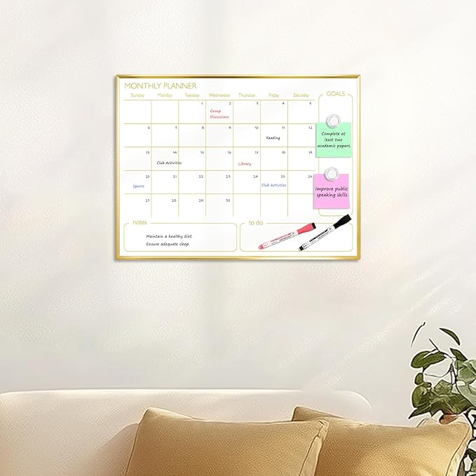 Magnetic Dry Erase Calendar Board for Wall - 24'' x 18'' Monthly Calendar Whiteboard - Gold Aluminum Frame