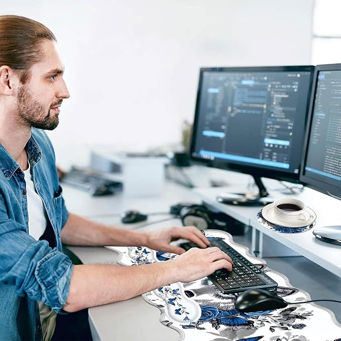 Large Mouse Pad and Keyboard Wrist Rest, Desk Pad for Keyboard and Mouse, 4-in-1 Large Gaming Mouse Pad with Wrist Support, Desk Mat for Home Office Study Game-Wolf Butterflies