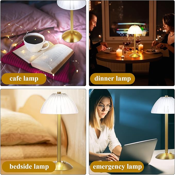 Liliful 2 Pcs LED Portable Cordless Table Lamp Touch Battery Operated Rechargeable Gold Desk Lamp 3 Color Dimmable for Bedroom Living Room Dining (Gold,Mushroom Style)